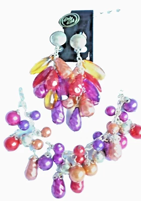 2-teilig  Schmuck SET Ohrclips Ohrringe + Bettel Kette bunt gold NEU + TOP - Bild 1 von 3