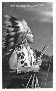 Wisconsin Dells WI Indianerhäuptling blauer Vogel Echt Foto Postkarte - Bild 1 von 2