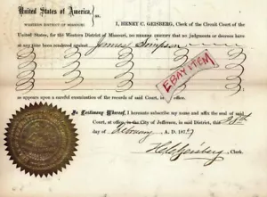1877 HENRY C. GEISBERG Jefferson Missouri JAMES SIMPSON U.S. CIRCUIT COURT SEAL - Picture 1 of 1