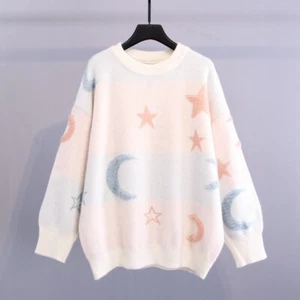 Women Girls Moon Star Sweater Jumper Knit Preppy Knitwear Blouse Tops Sweet - Picture 1 of 15