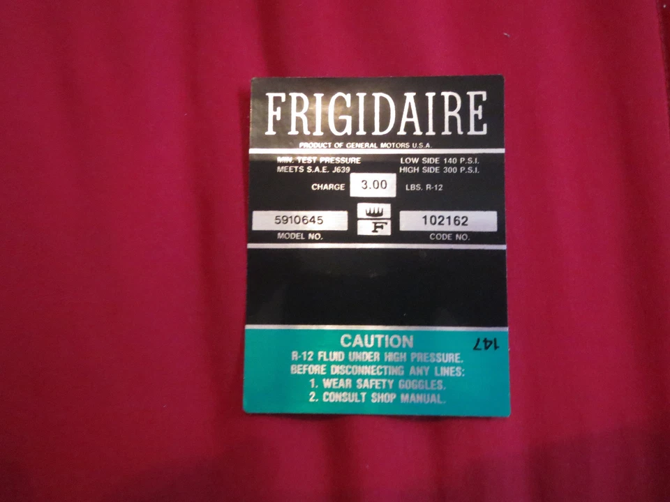 Chevrolet Camaro Corvette Chevelle Impala Nova Frigidaire 1967 1968 calcomanía de aire acondicionado GR Foto 1 de 1