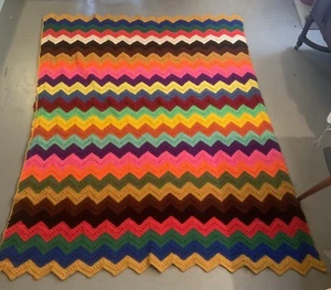 Large! Vintage Crochet Granny Zig Zag Afghan Blanket Throw Rainbow Chevron 64x84 - Picture 1 of 12