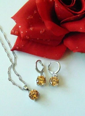 925Silber Schmuck Set Gold Gelb Pünktchen Kubik Kristall Kette Anhänger Creolen - Bild 1 von 4
