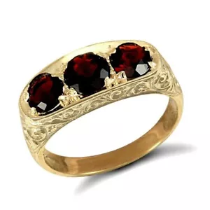 9ct Yellow Gold Gents Garnet Ring Three Stone Trilogy Hallmarked - Picture 1 of 4