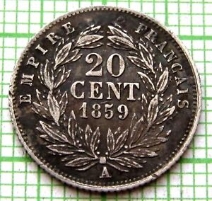 FRANCE NAPOLEON III 1859 A 20 CENTIMES 0.900 SILVER PATINA HIGH GRADE Paris mint