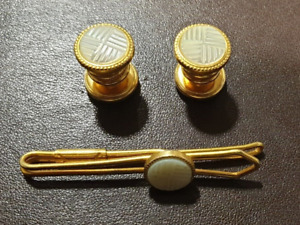 Ensemble vintage boutons manchette + pince cravate métal doré + nacre