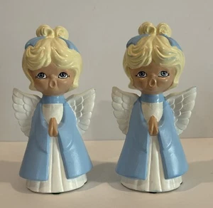 Two Vtg Christmas Angels Ceramic 8" Hand Painted Blonde Hair Blue Bow Kitschy - Picture 1 of 7