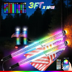 2X 3FT Fat Whip Lights Led Fatty Whip RGB LED Light for UTV ATV RZR w/ Flag - Picture 1 of 16