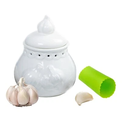 Norpro Ceramic Garlic Keeper Storage Container with Lid and Silicone Peeler