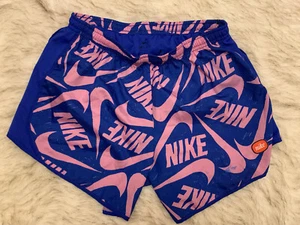 Girl’s Nike Pink Giant Swoosh Logos Blue DriFit Shorts (X-Large) - Picture 1 of 5