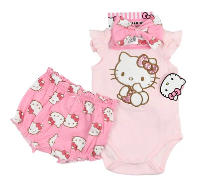 SANRIO HELLO KITTY Bebé Niñas Conjunto de 3 Piezas Body Talla 9 Meses Diadema Lazo Foto 1 de 2