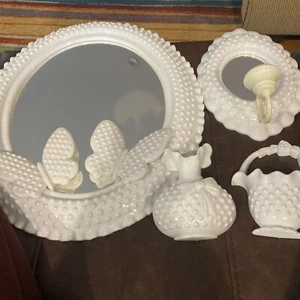 Vintage White Burwood HOMCO Hobnail Mirror Butterflies Basket Vases Wall Hanging - Picture 1 of 12