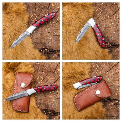 Beautiful Custom Damascus Steel Folding Knife Red & Black Checkered Handle - Image 1 of 4
