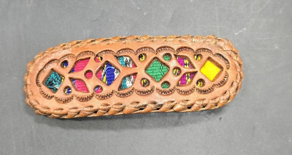 Vtg. Mexican Style Leather And Colorful Material Barrette Guatemala  - Image 1 of 4
