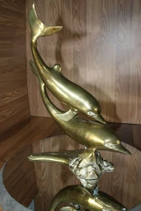 Vintage große Messing Delfine zwei Statue Dekor Maritim Meer Dekor Schwimmen 15,5" - Bild 1 von 12