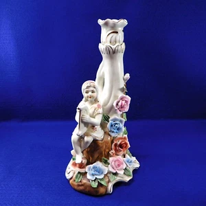 Vintage Large Figural Porcelain Candlestick Girl with Harp Flowers 11.5" - Picture 1 of 11