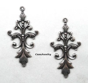 #1771-1R ANTIQUED STERLING SILVER PLATED ORNATE DROP W/TOP RING - 2 Pcs - Picture 1 of 2