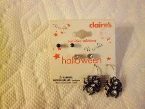 New - Claire's Pierced Halloween Earrings - 3 Pair - Rhinestone Spiders & Studs - Picture 1 of 1