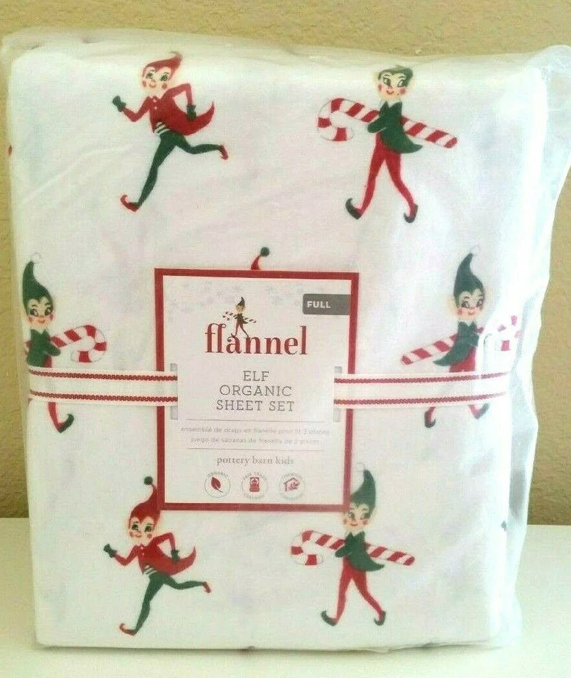 NEW Pottery Barn Kids FLANNEL Elf Organic Holiday FULL Sheet Set NWT - Image 1 of 1
