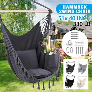 Hammock Swing Chair Hanging Rope Chair Cotton Porch Seat Seating with 2 Cushions - Picture 1 of 13