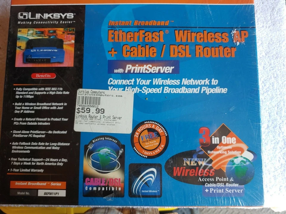 Linksys BEFW11P1 Etherfast Wireless AP+Cable/DSL Router+Print server SEALED - Image 1 of 4