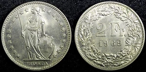 SUIZA Cobre-Níquel 1969 2 Francos UNC KM# 21a.1 (23 366) - Imagen 1 de 3
