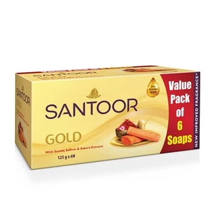 Santoor Gold Bathing Bar Soap with Kashmiri Saffron Sandal Each 125g Pack Of 6 - Picture 1 of 5