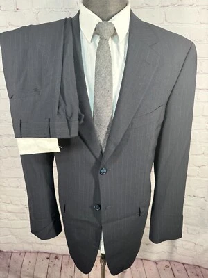 STAFFORD Mens Navy Blue Wool Pinstripe Pleated 2pc Suit 40L Jacket 37x30 Pant - Image 1 of 4