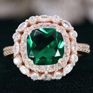 6.00Ct Cushion Cut Natural Emerald & Diamond 100% Real 14k SOLID Rose Gold Ring - Picture 1 of 19