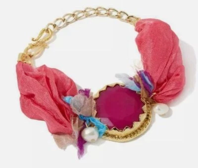 Brazalete Brazalete Raro Bajalia Cuarcita Rosa y Cinta Satinada Tono Dorado 6.5" Foto 1 de 3