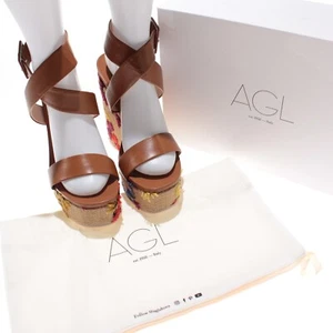 AGL NWB Holly H Embroidered Wedge Leather Sandals Size 39 US 9 in Brown/Multi - Picture 1 of 16