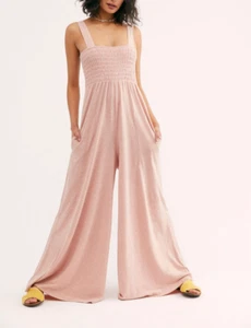 FREE PEOPLE PINK SLEEVELESS SMOCKED WIDE LEG HOMECOMING JUMPSUIT JUMPER Sz L - Picture 1 of 4