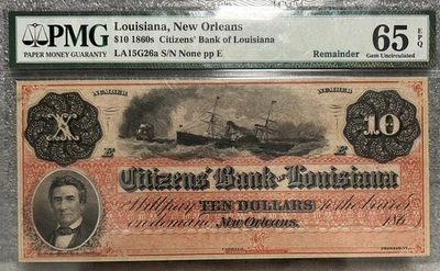 1860s $10 Citizens Bank Of Louisiana New Orleans PMG 65EPQ BX10 DIXIE NOTE - Image 1 of 2