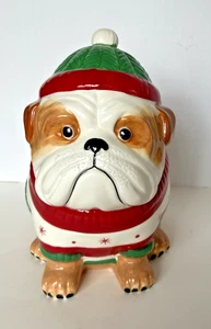 Christmas Ceramic Bulldog Cookie Jar Container Sleigh Bell Bistro Holiday - Picture 1 of 10