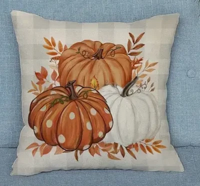 1pc Rustic Linen Fall Pillow Cover, Buffalo Orange Pumpkin&Maple Leaves Design - Image 1 of 4