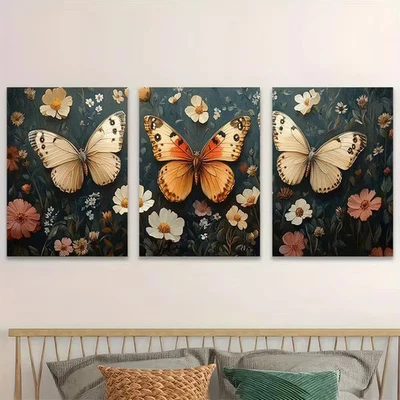 3pcs Victorian Butterfly Elegant Wildflowers Wall Art Canvas Framed 50x70cm - Image 1 of 2