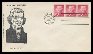 1055b STRIP OF 3, 2c THOMAS JEFFERSON COIL, LARGE HOLES "TAGGED" FDC - ZASO - Picture 1 of 3