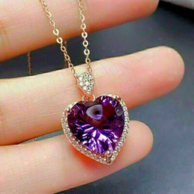 Colgante con halo para mujer 3 quilates corte corazón diamante amatista simulado acabado oro rosa 14K Foto 1 de 4