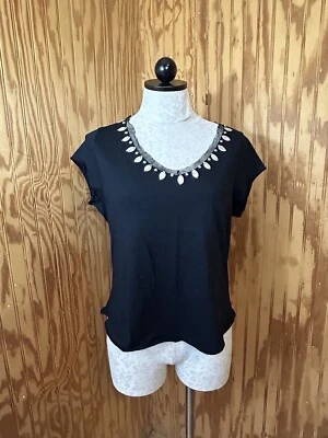 Top de mujer August Silk manga corta negro algodón concha y detalles perlados talla L nuevo con etiquetas Foto 1 de 4