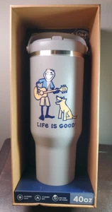 New LIFE IS GOOD 40 oz Stainless Steel Water Bottle Grey Jake Guitar Dog Handle - Picture 1 of 12