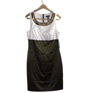 Vestido Vaina Bisou Bisou Satén Sin Mangas Talla 12 Cuello Cuentas Verde Oliva Blanco - Imagen 1 de 9