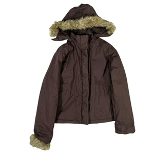 Old Navy Womens Jacket Brown Full Zip Front Pockets Hooded Faux Fur Snap Small - Picture 1 of 12