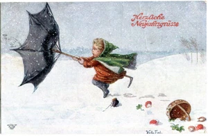 AK NEUJAHR, Neujahrsgrüße, Kind, Regenschirm im Wind, Schnee 1920 - Picture 1 of 1