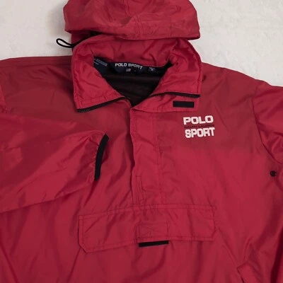 RALPH LAUREN POLO SPORT Windbreaker Red SPELL OUT Medium Hooded Rain Coat - Image 1 of 4