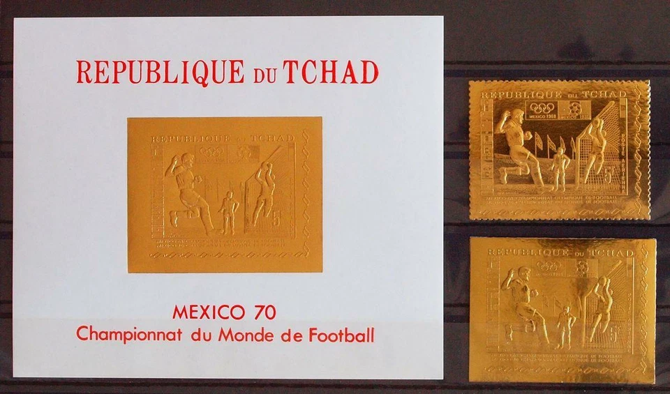 CHAD 1970 SOCCER, Superb MNH/** ImPerf + Perf 23 Carat GOLD Set + Sheet,Football - Image 1 of 1