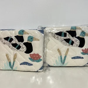 2 Vintage Primitive Quilted Mallard Duck Standard Pillow Shams New Pond Water - Picture 1 of 8