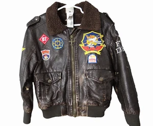 DISNEY Air Force Brown Faux Leather Bomber A-2 Jacket Sherpa Kid 4 Distressed - Picture 1 of 15