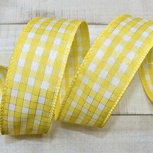 Yellow White Silver Gingham Plaid Wired Ribbon  1.5"W x 5 Yards - Picture 1 of 1