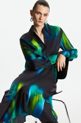 COS Shirt Dress Printed Midi - Size 44 / AU 16 Long Sleeve Blue Green Flowy - image 1 of 4