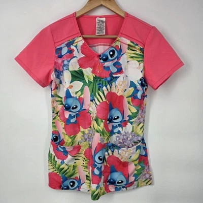 M Lilo & Stitch Scrub Pink Top Shirt Y2K Disney Hawaiian Cartoon Movie Alien XS - Image 1 of 4